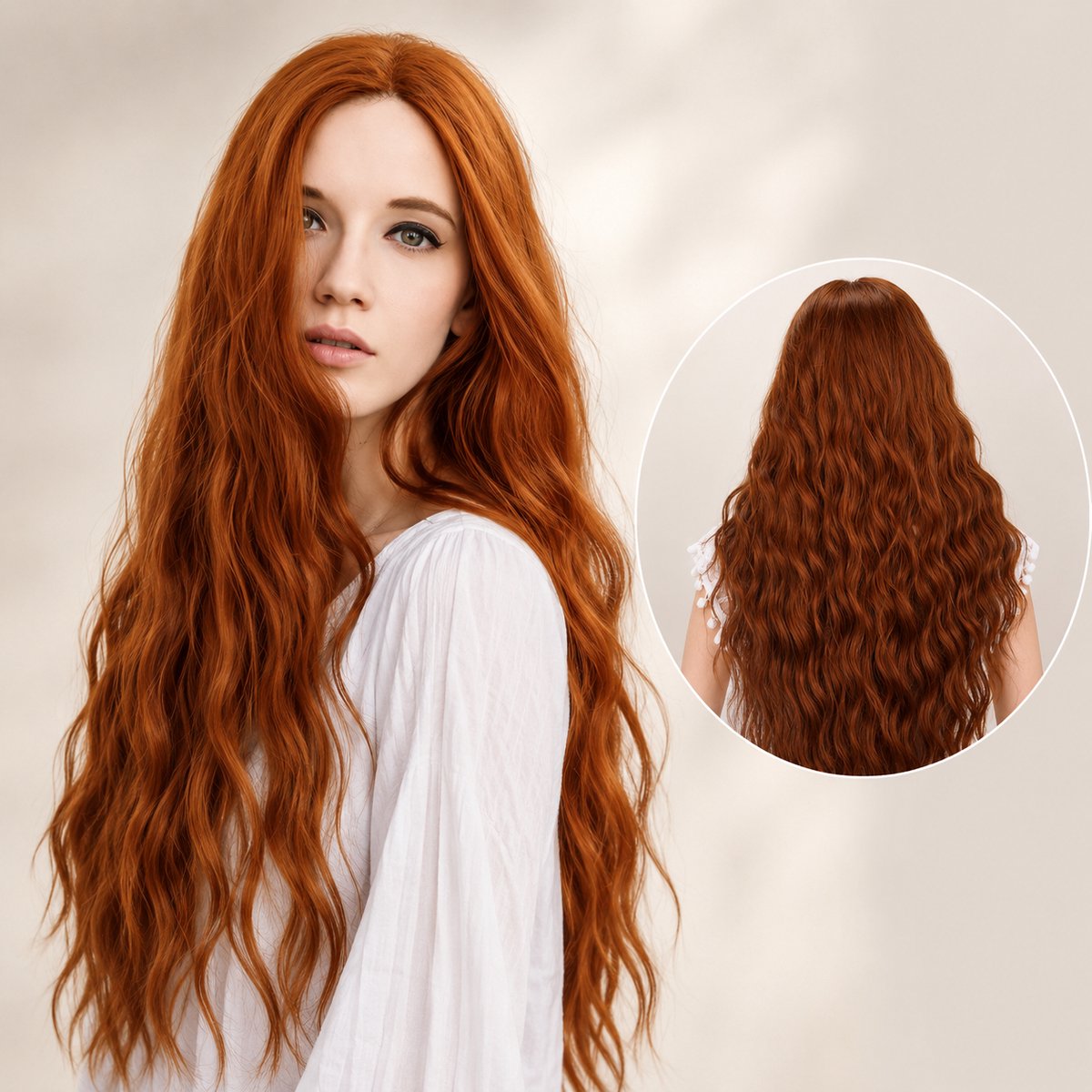 Pro Care Excellent Quality® Dames Pruik – Lange Golvende Pruik – Koper Rood / Ginger – Hittebestendig tot 150°C – Wasbaar – Verstelbaar – Zacht Haar - 63 cm