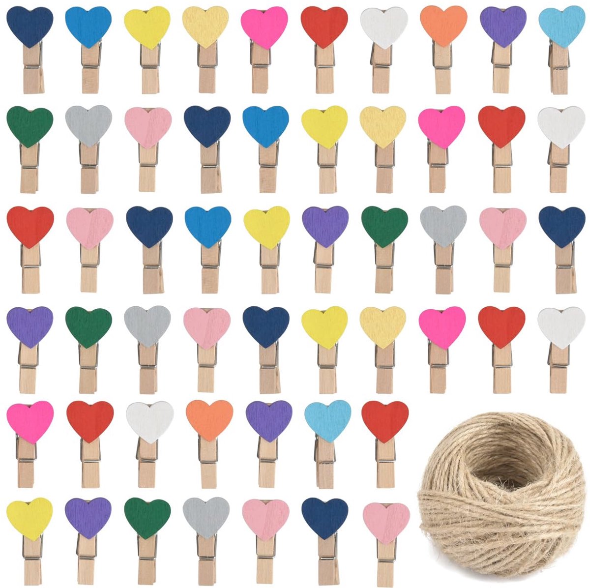 Houten Hart Clips - Kleine Was Knijpers - Foto's Ophangen - Met Metalen Spring - 100 Stuks - Multicolour