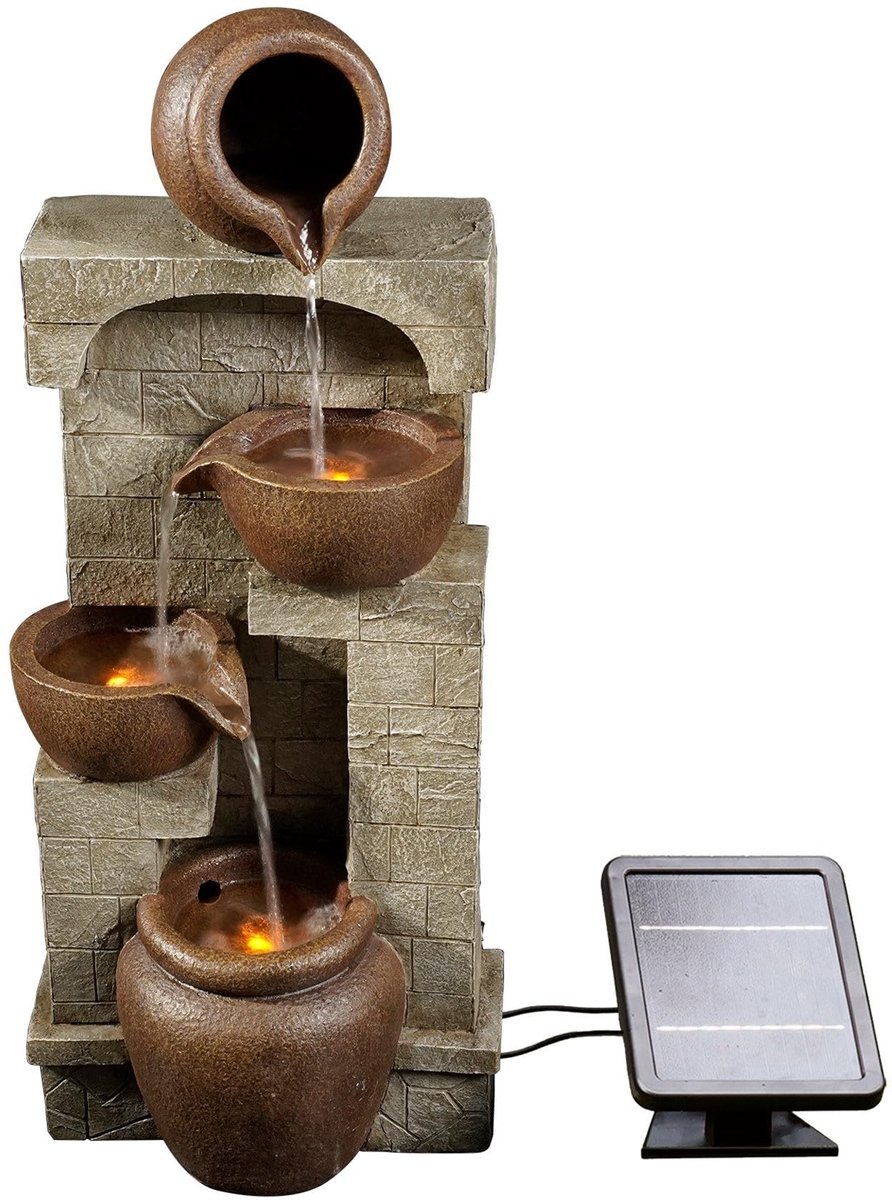Solar Tuinfontein met Waterpomp - 4-Laags Pot Design Waterornament - Zonne-energie Waterval Decoratie voor Tuin, Terras & Buitenruimte - Geschikt voor Binnen en Buiten - Inclusief Pomp - 31 x 26,2 x 72,4 cm