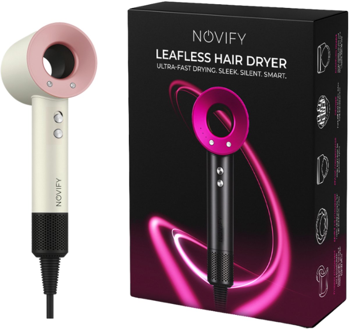 NOVIFY® Fohn - Fohnborstel - Haardroger met 5 opzetstukken - Fohn met Diffuser - 1500W - Rose Cream - 2025