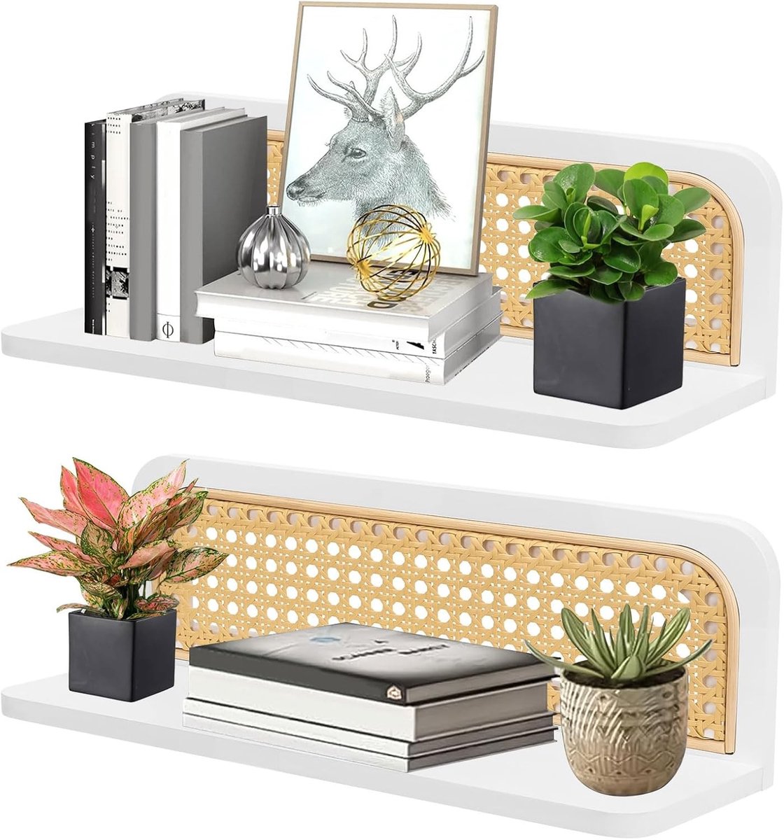 Houten Wandplank Set van 2 met Rieten Accenten voor Bohemian Wanddecoratie in Woonkamer, Kinderkamer en Slaapkamer