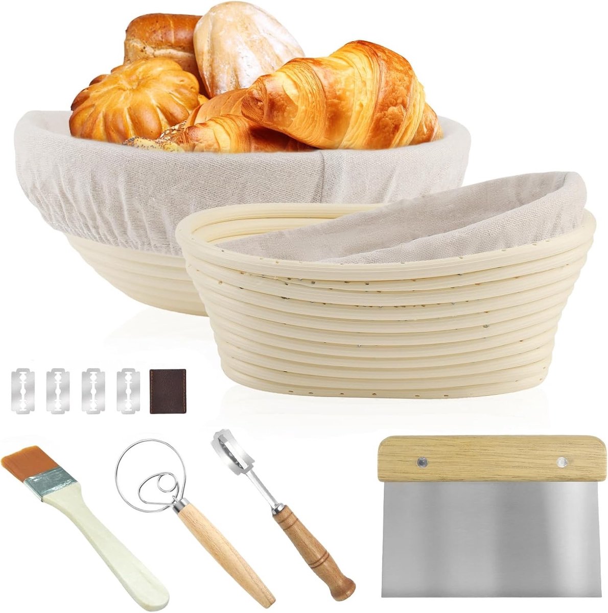 Broodmand voor brood, 2 stuks, broodmand van natuurlijk rotan, met kneedmachine, voering van linnen, schraper voor - ShopVlot