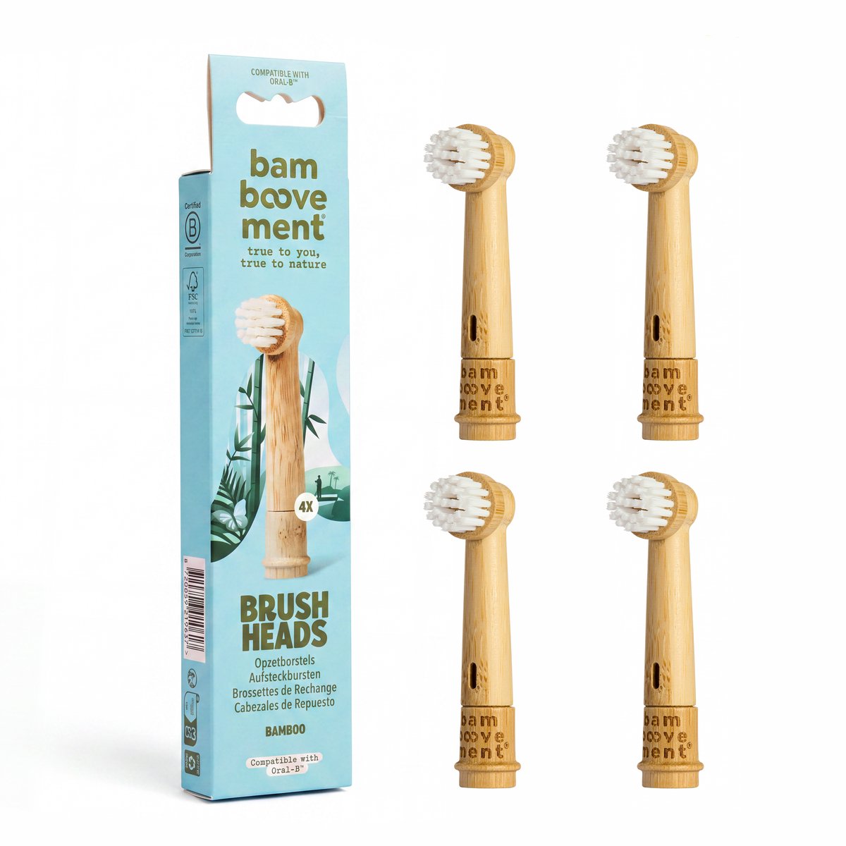 Bamboovement Bamboe Opzetborstels Geschikt voor Oral-B 4 Stuks | 99% Minder Plastic Excl. iO & Pulsonic