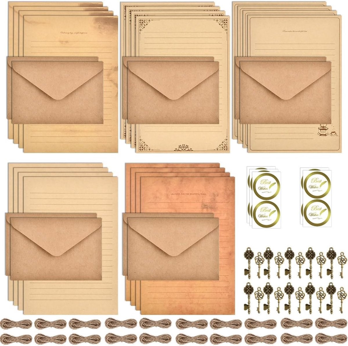Vintage Briefpapier Enveloppen Set van 60 Stukken, A5 Briefpapier, Kraft Enveloppen, Retro Sleutels en Stickers voor Creatieve Uitnodigingen en Decoratie