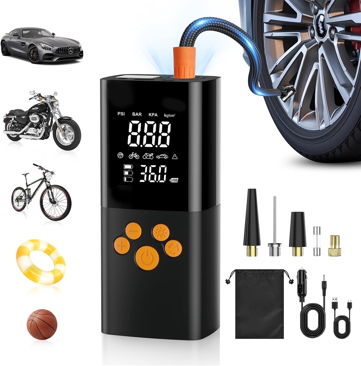Elektrische Luchtpomp - Zwart - Compact - Hoge Efficiëntie Motor - Voor Auto en Fiets