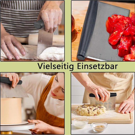 2 deegschrapers, deegsnijder met antislip rubberen handgreep en meetschaal, gebakschraper met 2 siliconen kwasten, deegschraper voor deegcake, pizza, bakgereedschap — afbeelding 4