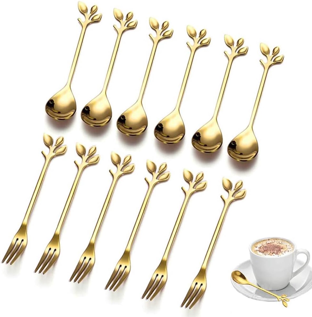 Dessertlepels en vorken, set van 12 stuks, ijslepel, fruit, vork, koffielepels van roestvrij staal, inclusief 6 lepels en 6 vorken, voor theelepels in de keuken en koffie (goud)