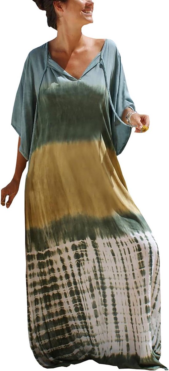 Kaftan voor dames, maxi-loungewear, oversized nachthemd, homewear, bedekkende strandjurk, G Medium Aquamarijn, Eén maat