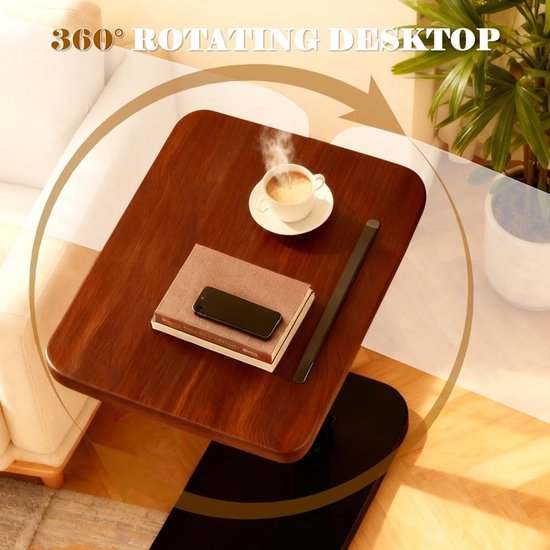 360° draaibare bijzettafel, C-vorm, in hoogte verstelbaar, nachtkastje, koffietafel, salontafel met metalen frame, ruimtebesparend voor kleine ruimtes, met houder voor smartphone en tablet — afbeelding 2