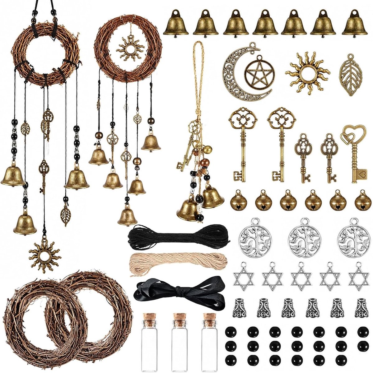 63 stuks heksenklokken, doe-het-zelf kit, windgong, handgemaakte zegenbel voor deurklinken, hangend, heksenklokken, tuin, windgong, vintage krans voor deur, huis, kamer, bescherming, voorkant