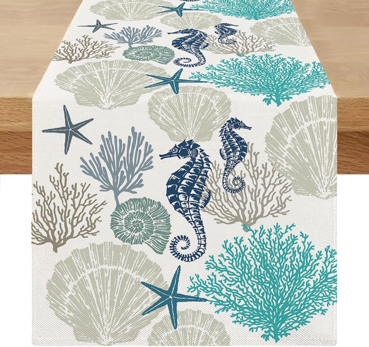 Tafelloper Modern 40x100 Buiten Zomer Tafel Loper Blauw Groen Weerbestendig Zeepaardje Afwasbaar Landhuisstijl Linnenlook Tafelkleed Kort voor Lente Bruiloft Feest Keuken Tafeldecoratie