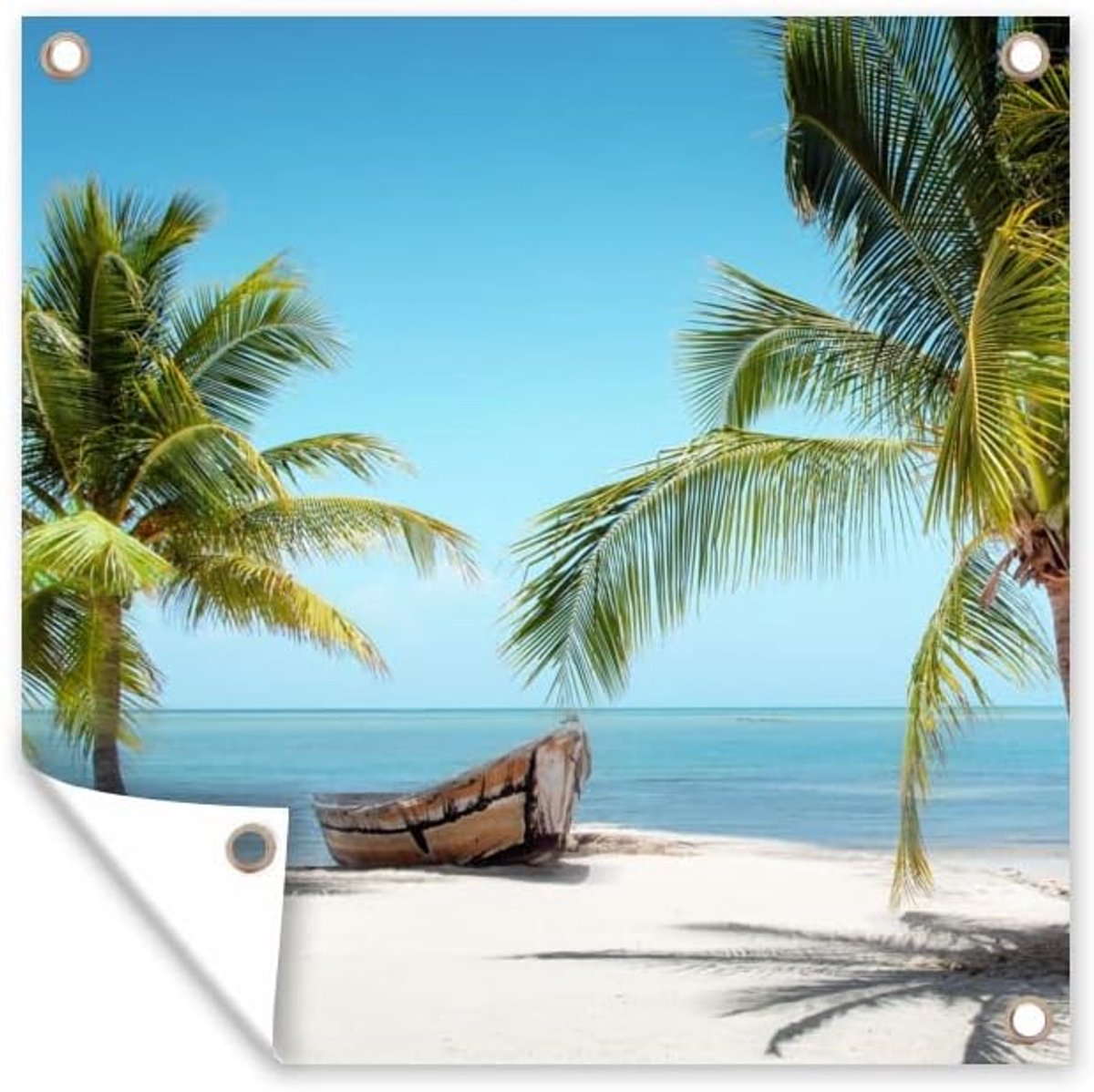 Tuinposter - 200x200 cm - Palmboom - Boot - Strand