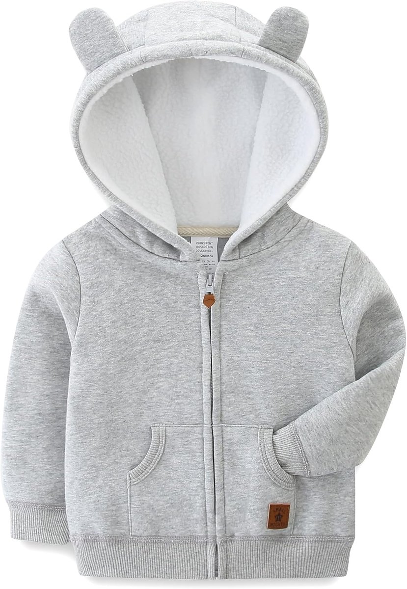 Capuchonjas, warme kinderen cartoon beer ritssluiting outwear, unisex baby capuchon sweatjack, katoenen capuchontrui 0-24 maanden, grijs, 3-6 Maanden