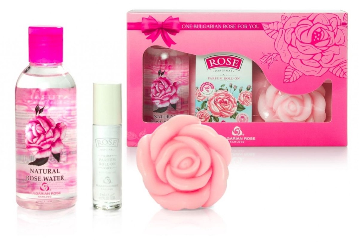 Bulgarian rose for you Gift set | Cadeauset - rozenwater + parfum roll-on + zeep | Rozen cosmetica met 100% natuurlijke Bulgaarse rozenolie en rozenwater