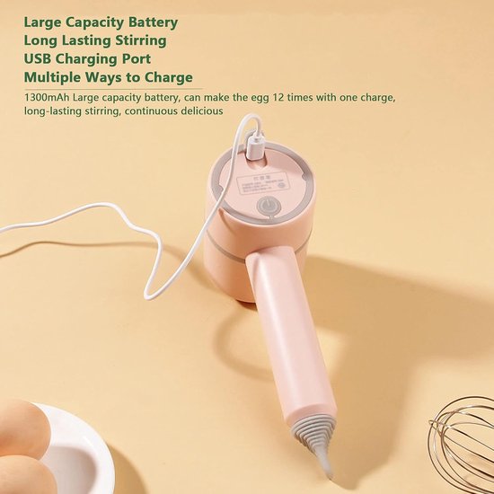 Dailygoody - Elektrische handmixer - Staafmixer met garde - Oplaadbaar en gebruiksvriendelijk - Roze - Vaatwasserbestendig - Perfect voor dagelijks ge... van Merkloos — afbeelding 3