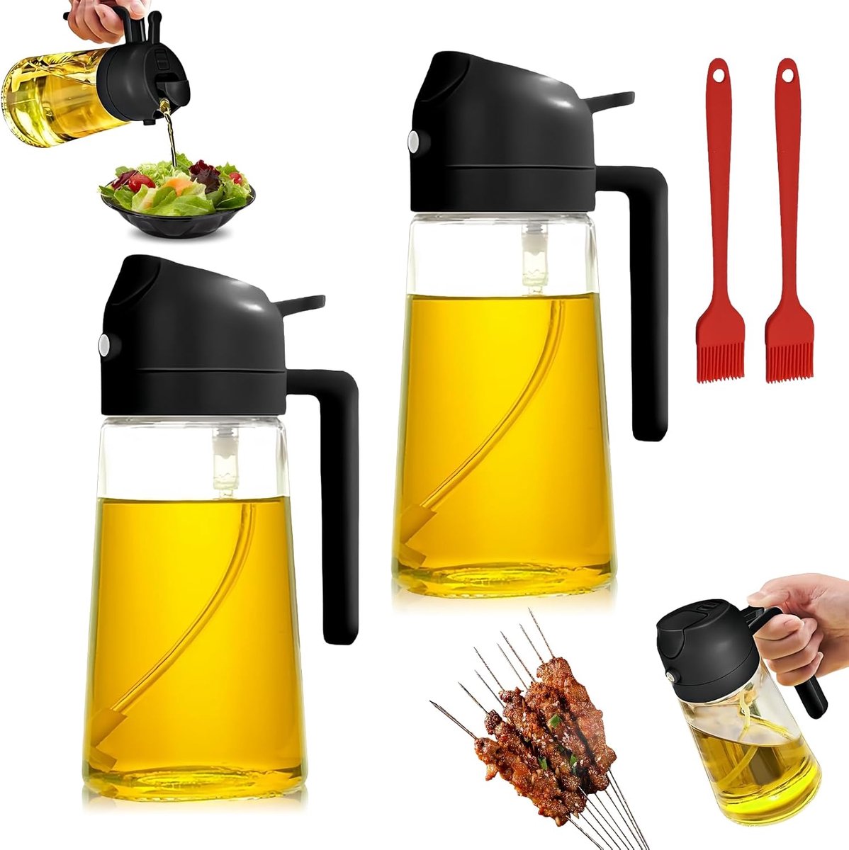 2 stuks 2-in-1 oliesproeier voor spijsolie, olieflesje 470 ml, Cooking Oil Sprayer oliespray glas oliedispenser met 2 oliekwasten, glazen oliespray en gieten voor koken, grillen, keuken