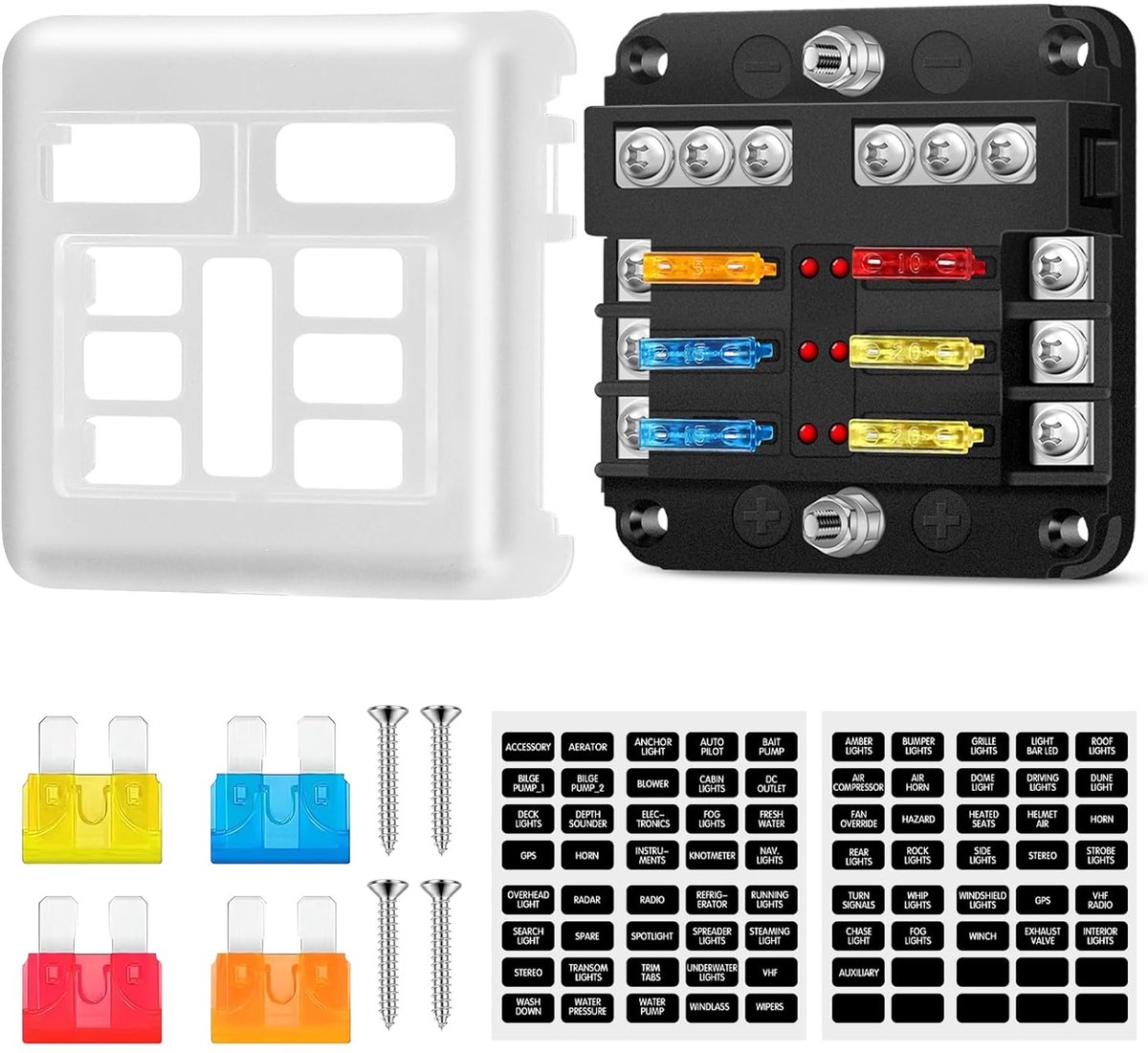 Zekeringhouder voor in de auto, 6 vakken, 12 V, platte zekeringhouder met beschermkap, zekeringblok met led-display, 12 platte zekeringen, voor auto, vrachtwagen, boot, SUV, marine voertuig