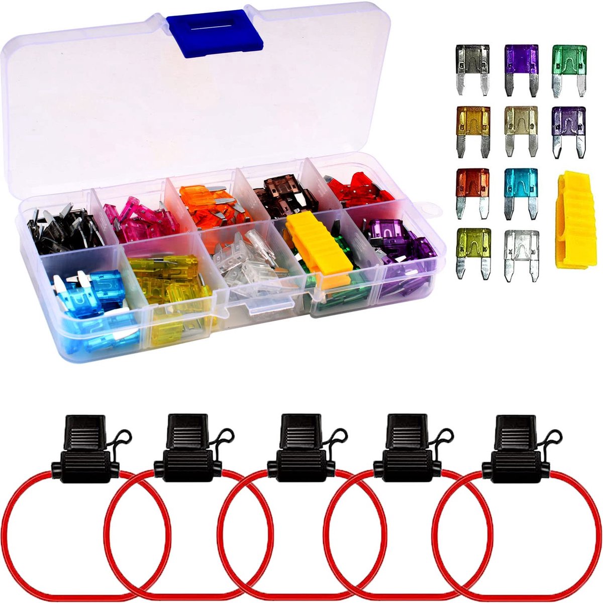 120 stuks autozekeringen, autozekeringen, platte zekeringen, (2A/3A/5A/7,5A/10A/15A/20A/25A/30A/35A) + 5 stuks autozekeringhouders voor personenauto/camper/vrachtwagen/motorfiets
