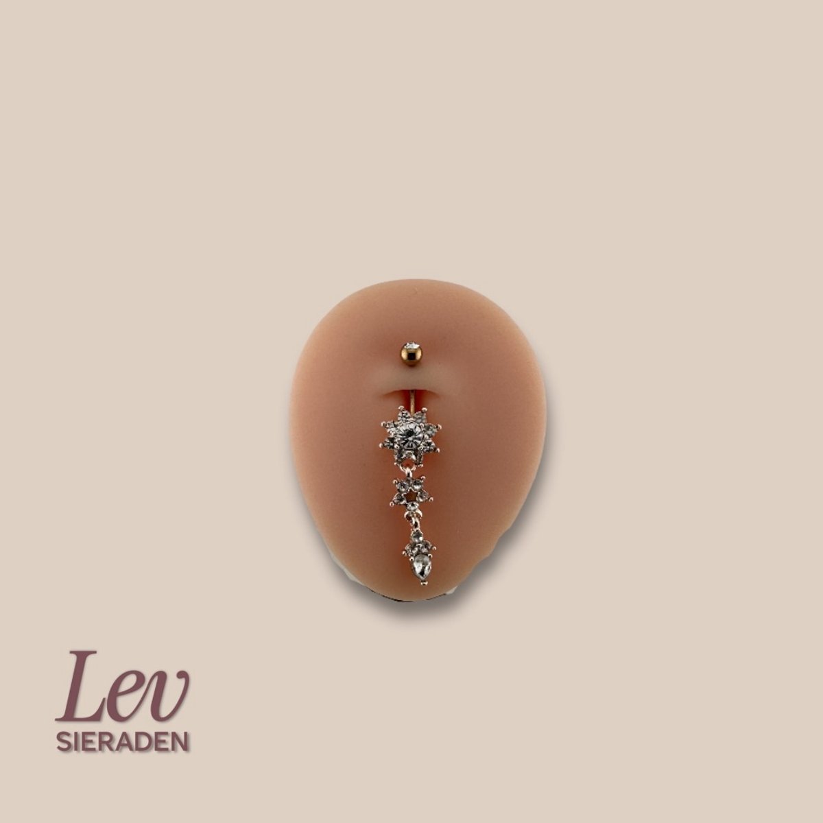 Lev Sieraden - 1.6x10mm XL 19 steen Zirkonia bloem 2 tier hanger - navel piercing - ROse kleurig - Titanium - extern geschroefd