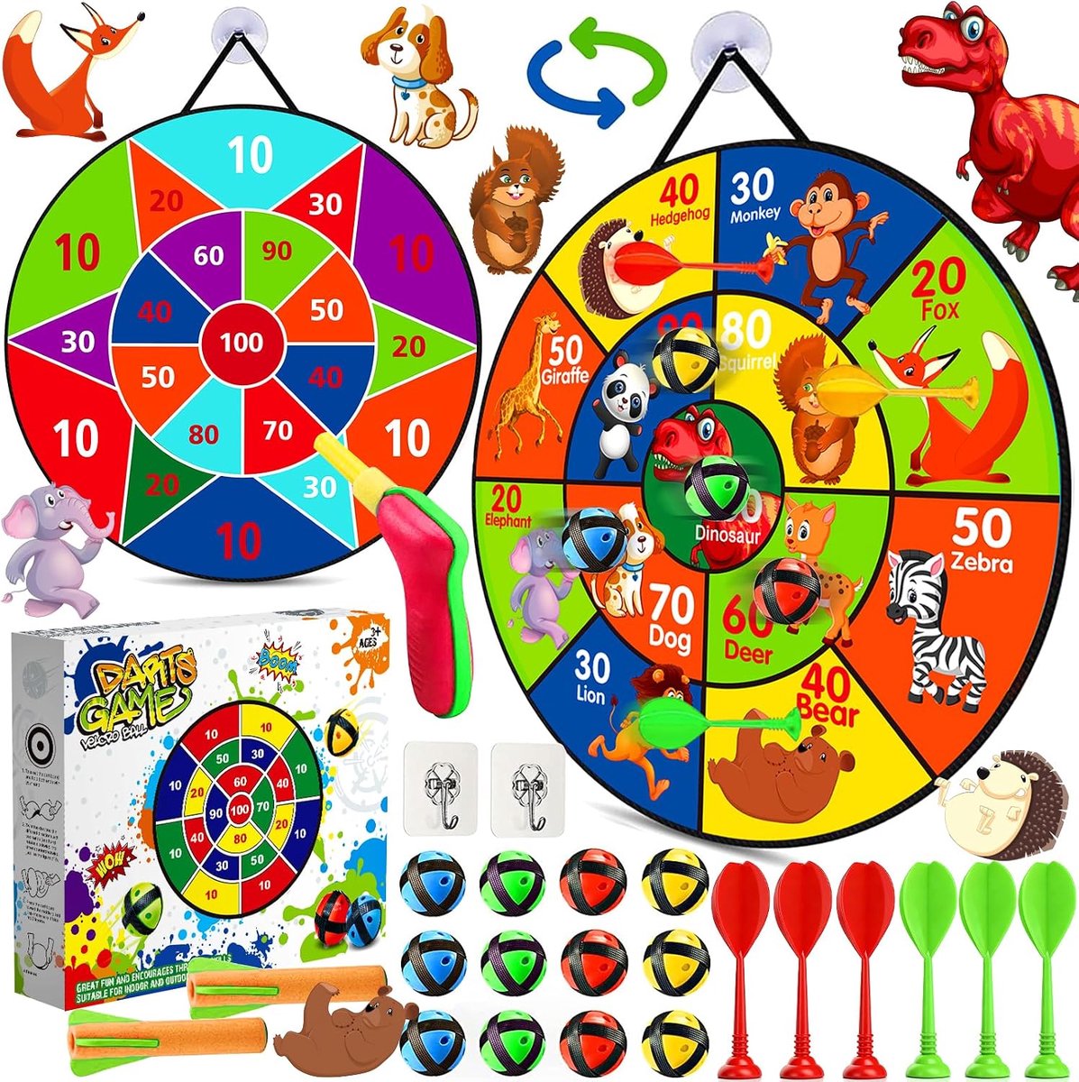 Dartbord voor kinderen, 66 cm, dubbelzijdig, met 12 kleverige ballen, 6 darts, 1 pistool en 2 haken, veilig sportspeelgoed voor meisjes en jongens