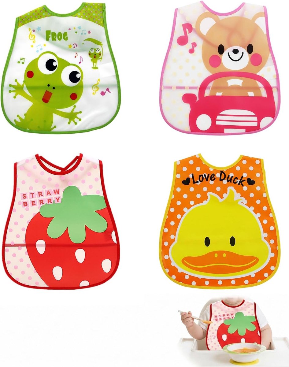 Slabbetjes voor pasgeborenen, 4 stuks, polyester, kruimelzak, klittenbandsluiting voor het ontspenen en voeden, vuilafstotend en wasbaar, diermotieven.