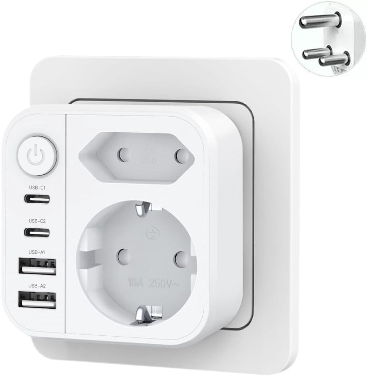 6-in-1 reisadapter Zuid-Afrika stekker met 2 USB en 2 USB C | Adapter Zuid-Afrika Italië naar Zuid-Afrika type M voor Namibië, Lesotho, Botswana