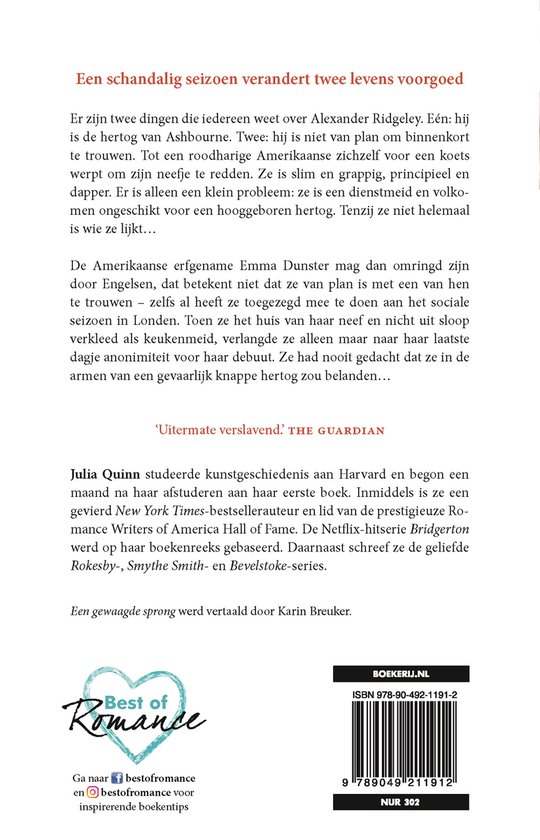 Boekcover met de titel 'Een gewaagde sprong'. Een rode jurk met 'Best of Romance' logo.