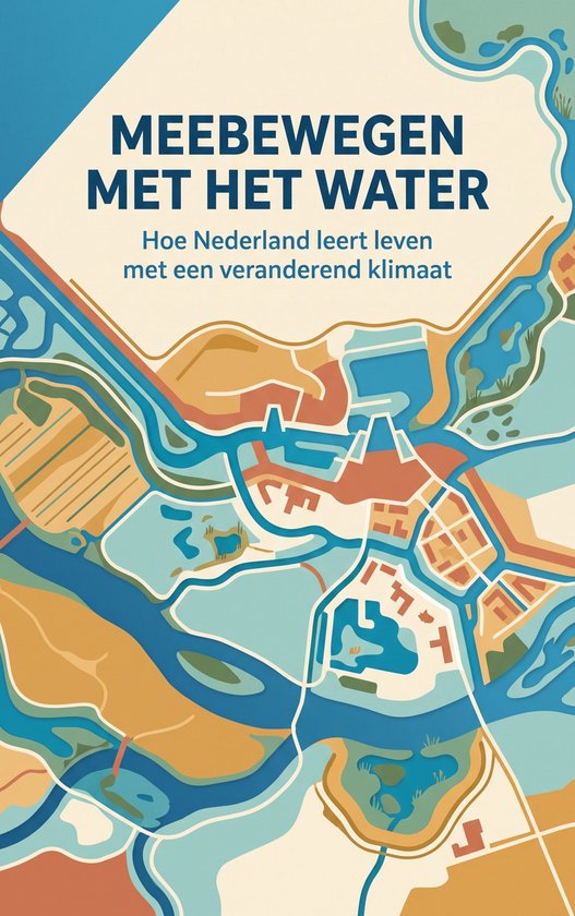 Illustratie van een stad met waterwegen, bruggen en groen. Bovenaan de tekst 'MEEBEWEGEN MET HET WATER' en 'Hoe Nederland leert leven met een veranderend klimaat'.