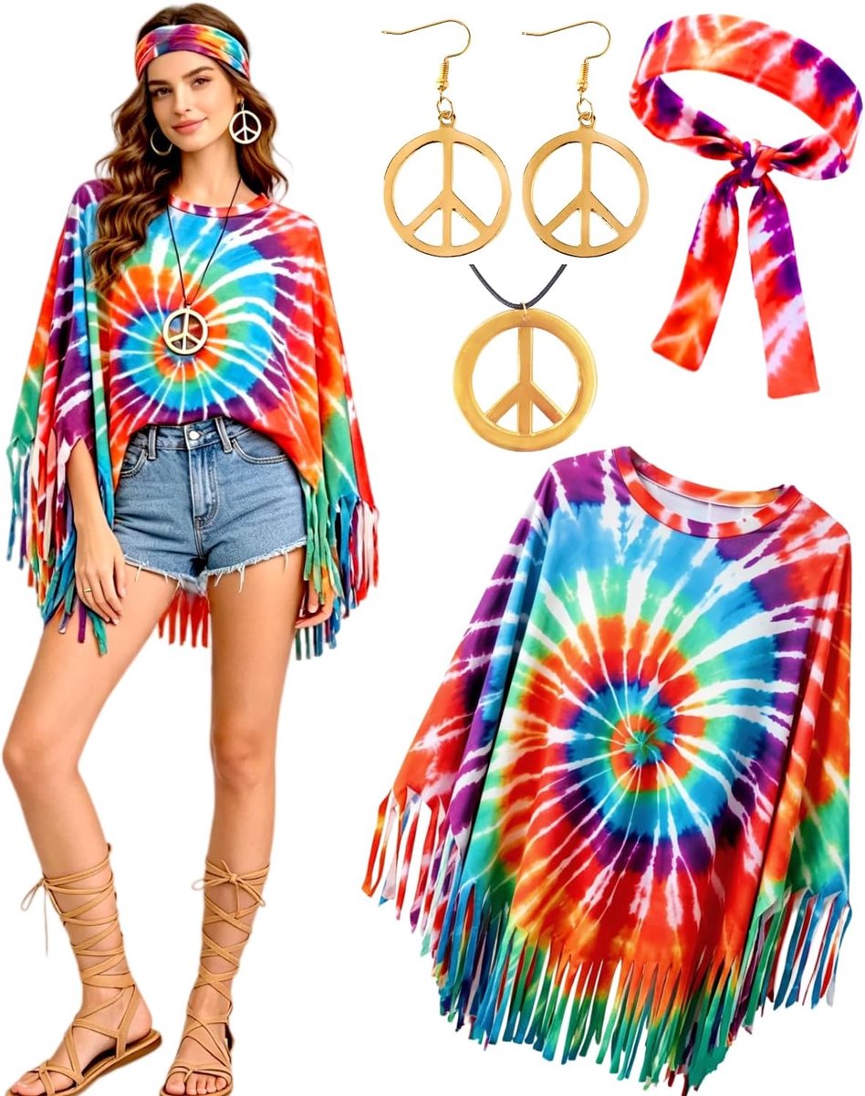 Kasahara Hippiekostuum voor dames, jaren '70-outfit, slagermove-outfit, hippie-poncho, carnavalskostuums voor carnaval, themafeest, Halloween