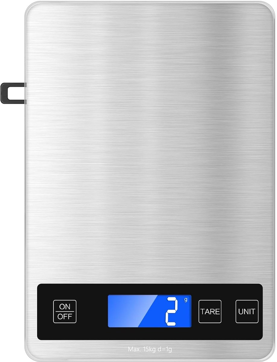 Digitale keukenweegschaal, 15 kg, roestvrij staal, voedselweegschaal voor bakken en koken, 1 g nauwkeurige huishoudelijke weegschaal met instelbare automatische uitschakeling, groot display