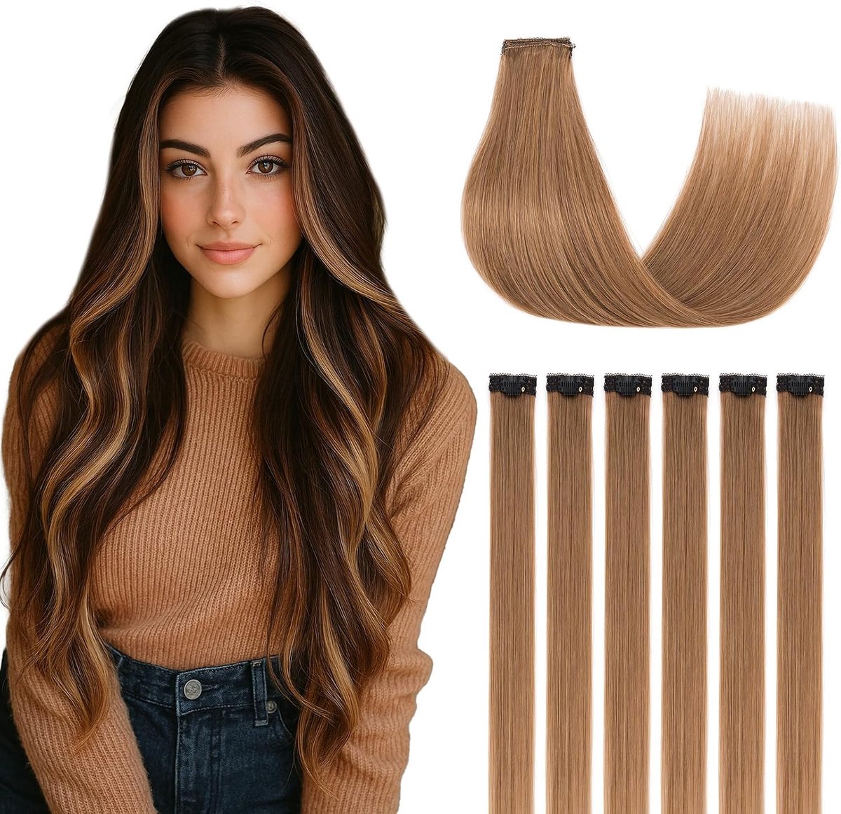 Clip-in extensies van echt haar, 6 stuks, single clip highlights, steile haarverlenging, natuurlijk voor vrouwen en dames, lichtbruin #06, 30 cm, 33 g