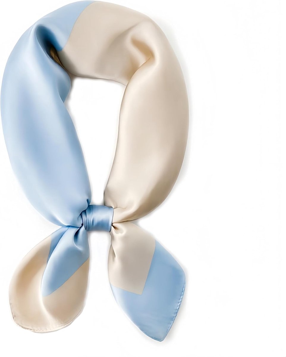 1 stuk Elegante zijden sjaal/bandana voor dames – Lichtgewicht vierkante halsdoek, hoofddoek – Blauw-Karamel tweekleurig – Accessoire voor dagelijks gebruik en op kantoor