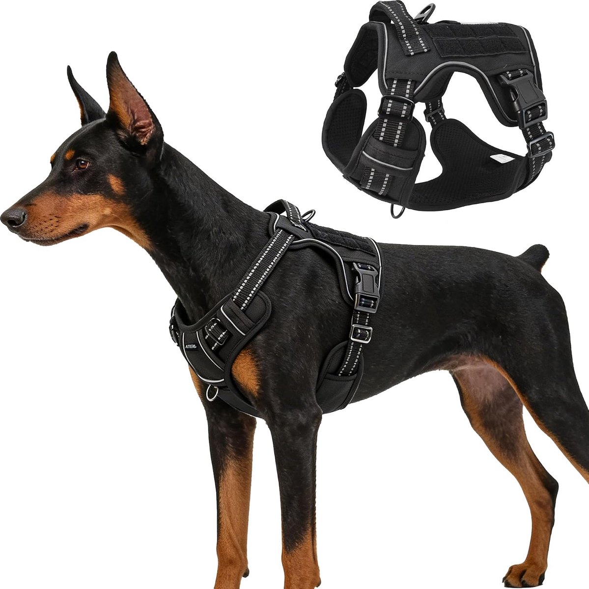 Zwaar tactisch harnas voor grote honden, tactisch harnas met handvat en PALS-riemen, reflecterend vest voor servicehond, voor training en wandelingen, zwart, XL