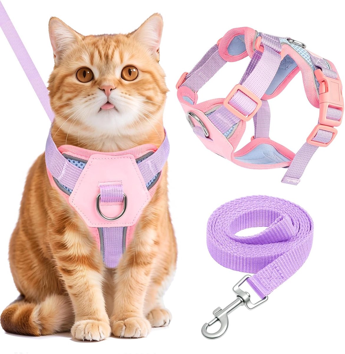 Kattentuig met riem, anti-ontsnapping, verstelbaar kattenvest, kattenborstharnas met reflecterende strepen en ademend mesh, zacht huisdierharnas voor katten, puppy's, kittens