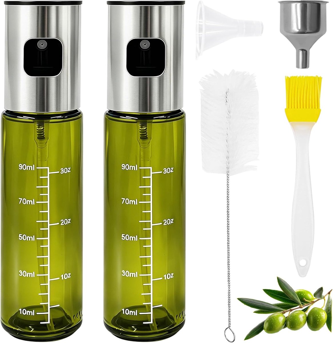 2 stuks olieverstuiver om te koken, 100 ml glazen oliesproeifles, oliesproeier voor voedingsolie voor koken voor heteluchtfriteuse, salade en barbecue, oliespray met schaal, reinigingsborstel