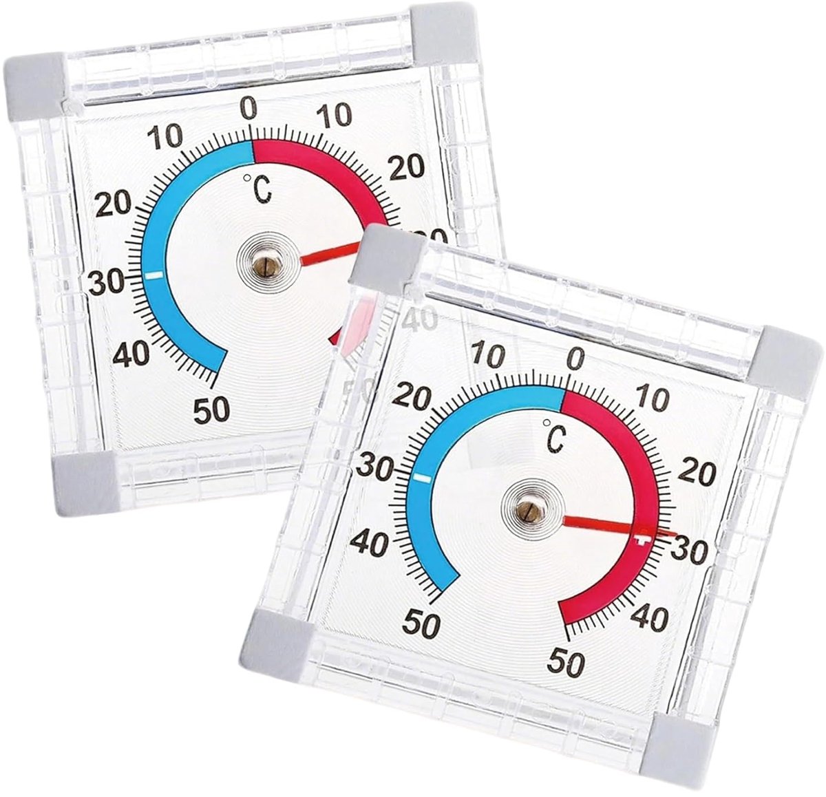 Zelfklevende raamthermometer, 2 stuks, voor buiten, zelfklevend, 7,5 x 7,5 cm, analoge buitenthermometer, weerbestendig, + 50 °C buitenthermometer, raam, analoog