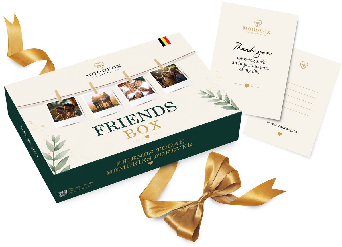 Moodbox Gifts - Friends Box Select - Luxe Belgisch Cadeaupakket met Chocolade, Koffie, Thee en Lekkernijen - Gepersonaliseerde Boodschapkaart