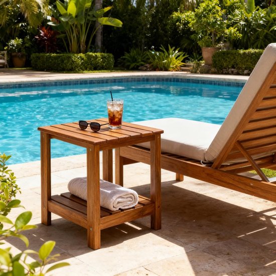 Teak Bijzettafel Buiten, Patio Eindtafel Dubbele Laag - Houten Koffie Accent Tafels voor Achtertuin, Tuin, Bed, Woonkamer, Bank — afbeelding 2