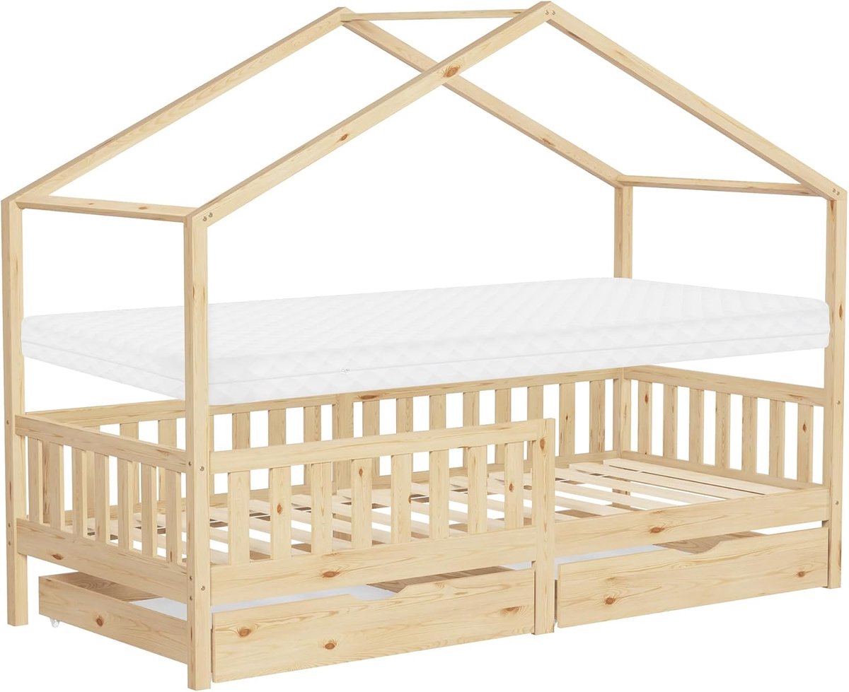 Kinderbed huisbed 90x200 cm naturel met matras H:10 cm houten bed met 2 lades valbeveiliging en lattenbodem speelbed van grenenhout Montessori vloer bedframe junior voor kinderen slaapkamer