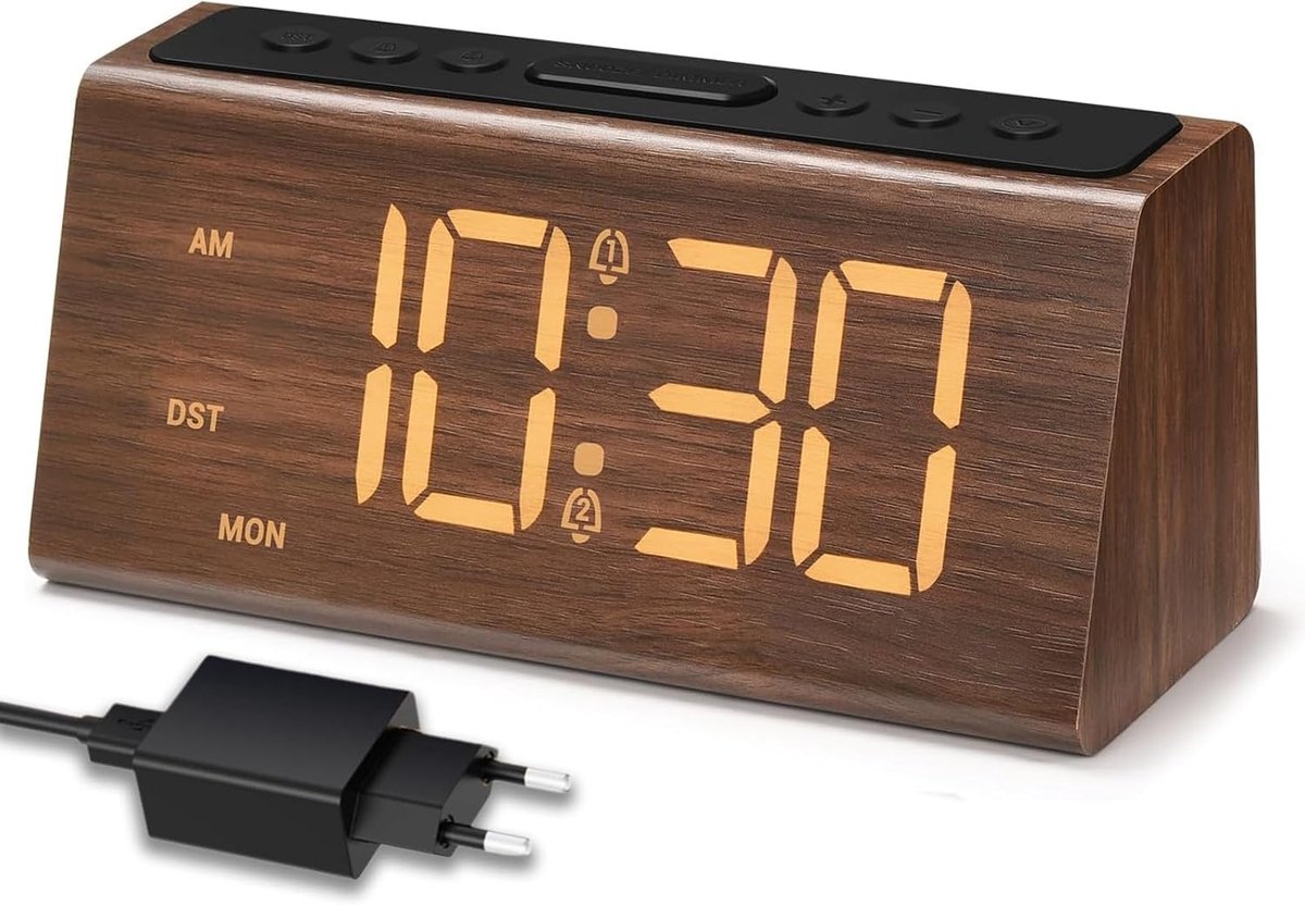 Wekker van hout, digitale wekker met dubbel alarm, sluimerfunctie, 4 helderheids- en volumeniveaus, USB-oplaadpoort, DST-knop, weergave van tijd en weekdag