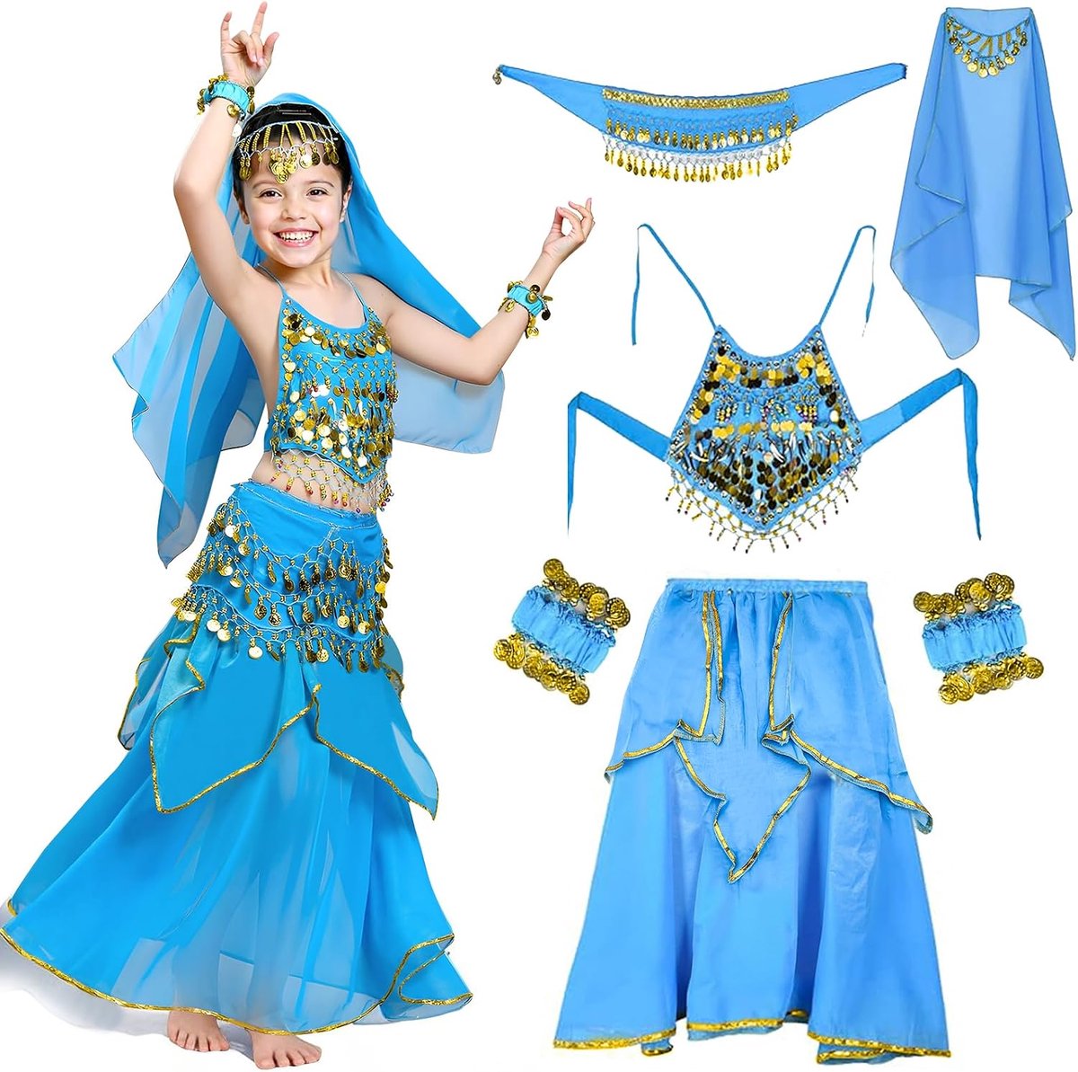 Buikdanskostuum voor kinderen, buikdanseres, kostuum voor dames, met riem, sluierarmband, voor verkleden, Halloween, carnaval, party, danskleding