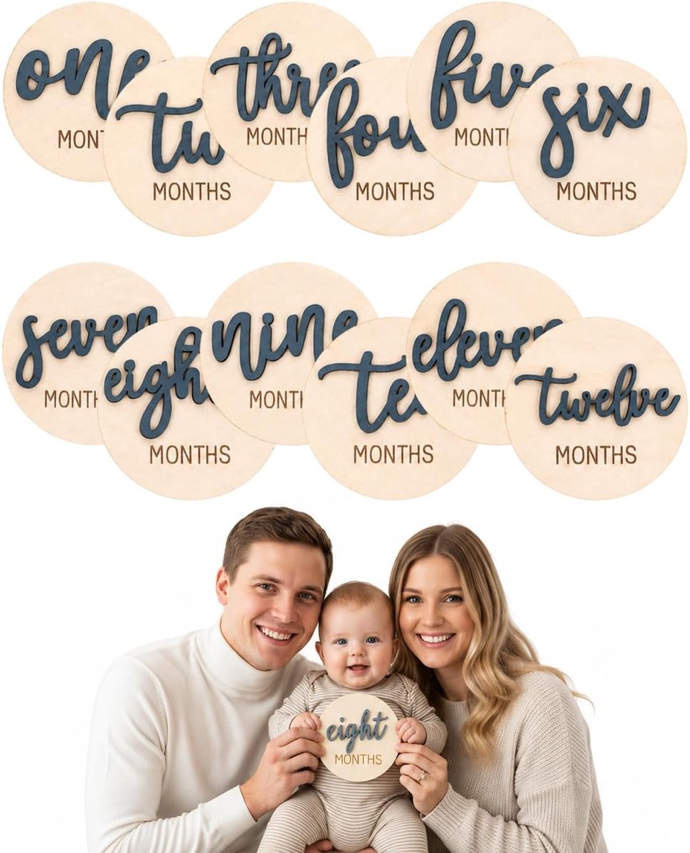 Mijlpaalkaarten voor baby's, 6 stuks, 1-12 maanden maandkaarten van natuurlijk hout, ideale groeitracker en foto-rekwisiet voor emotionele herinneringen