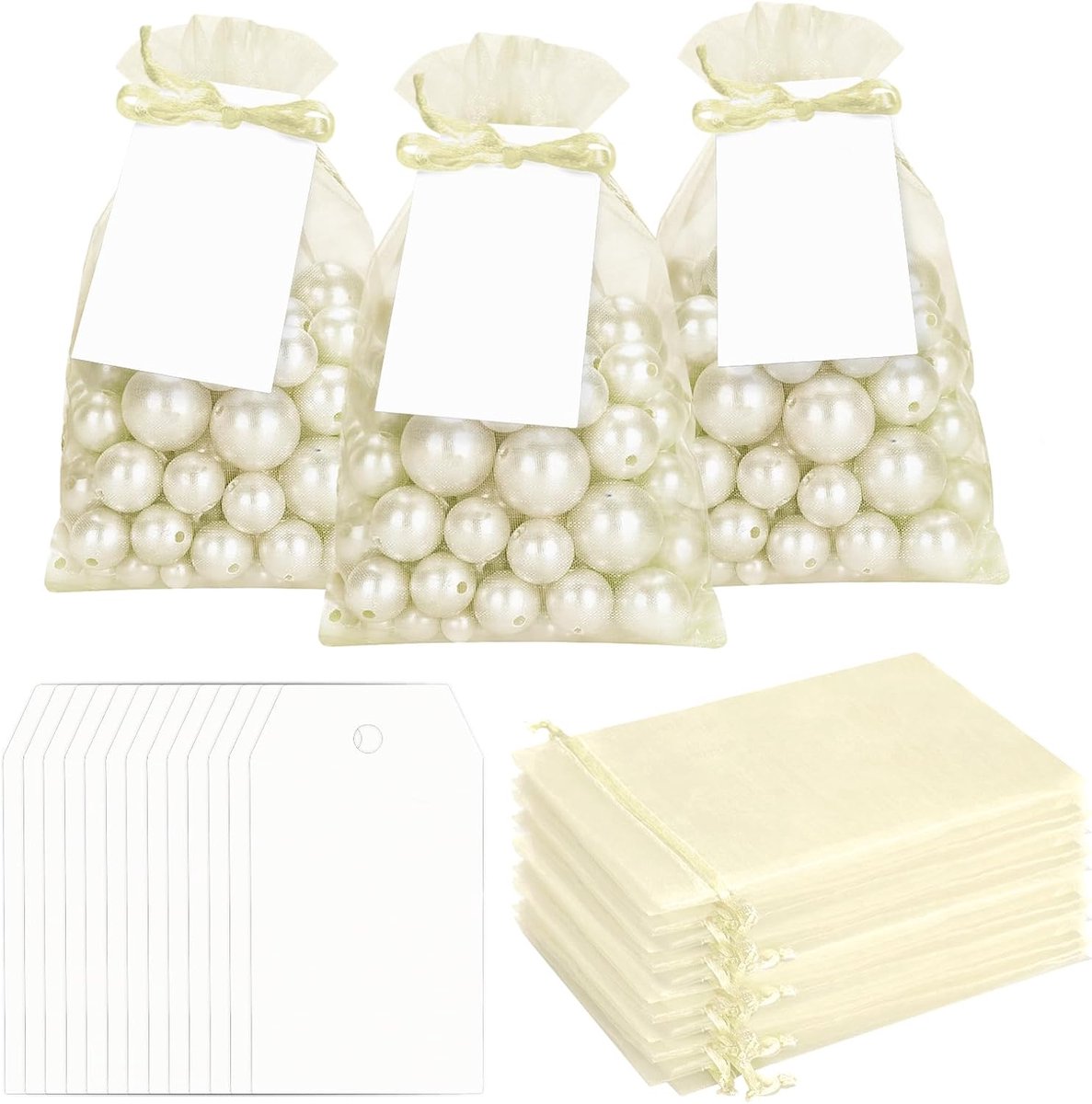 50 stuks beige organza zakjes met cadeaulabels 10 x 15 cm, met witte papieren etiketten 4 x 7 cm, ideaal voor bruiloften, gastgeschenken, feestjes en sieraden
