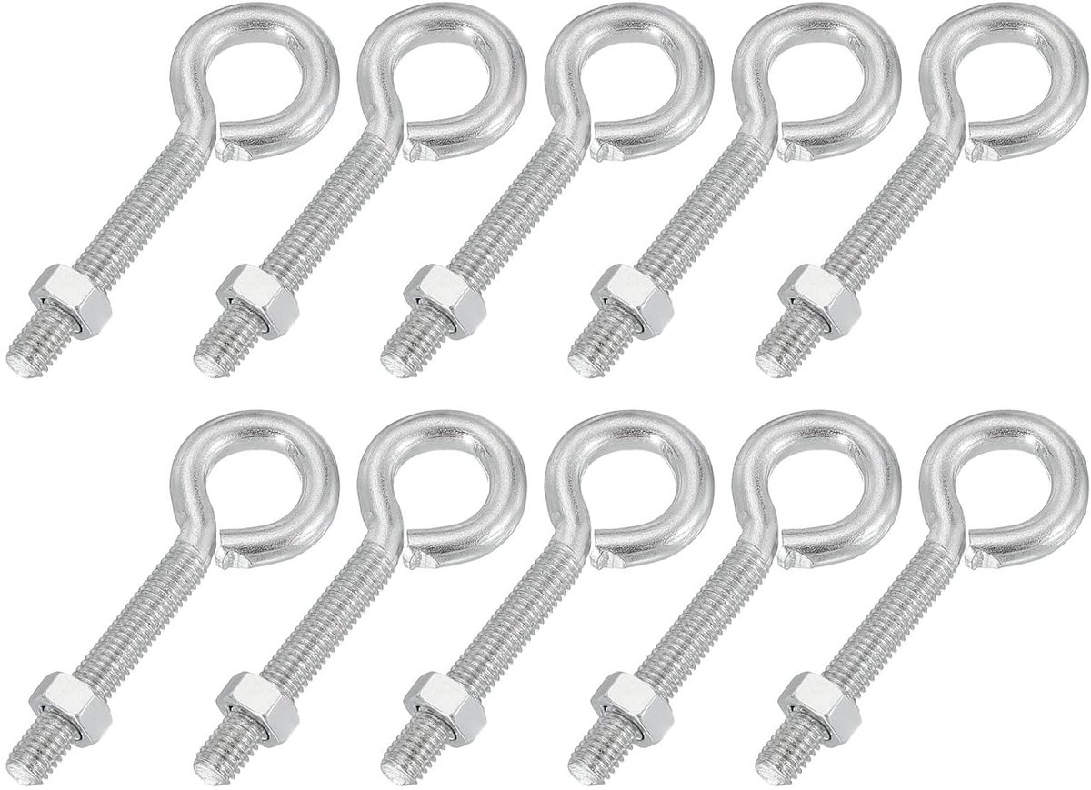 Oogbouten, 10 stuks koolstofstaal, schroefdraad ooghaken schroeven met moer voor het ophangen of vastzetten van kabels, zilver