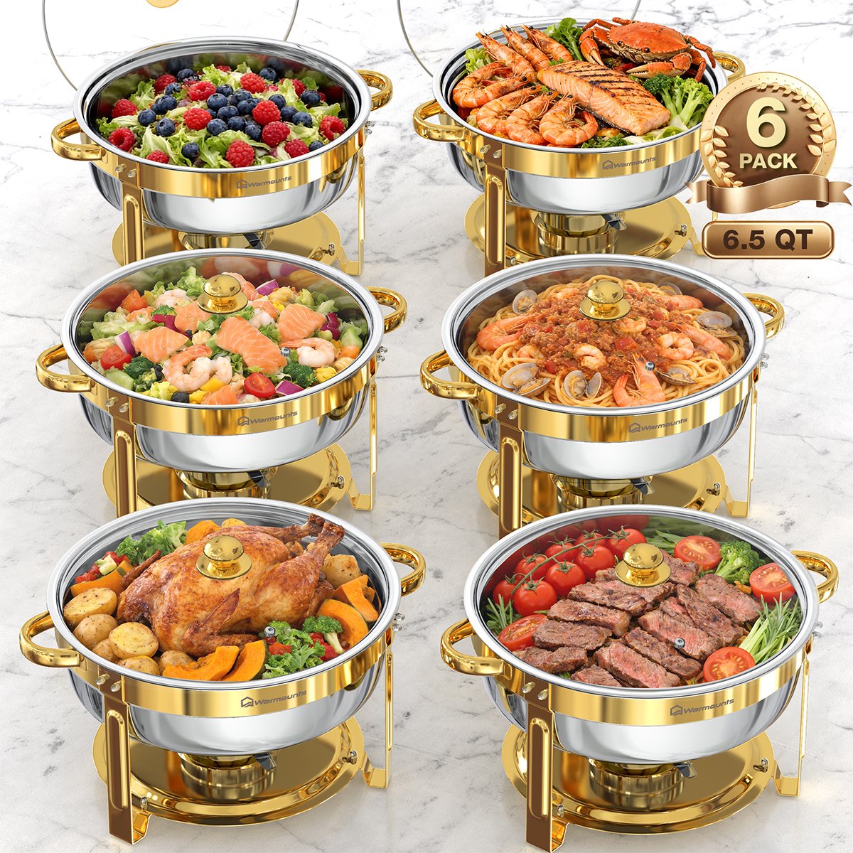 WARMOUNTS 6-delige Chafing Dish Set 6,15 L – Ronde RVS Buffet Warmhouders met Glazen Deksel voor Feest, Bruiloft & Catering – Goud