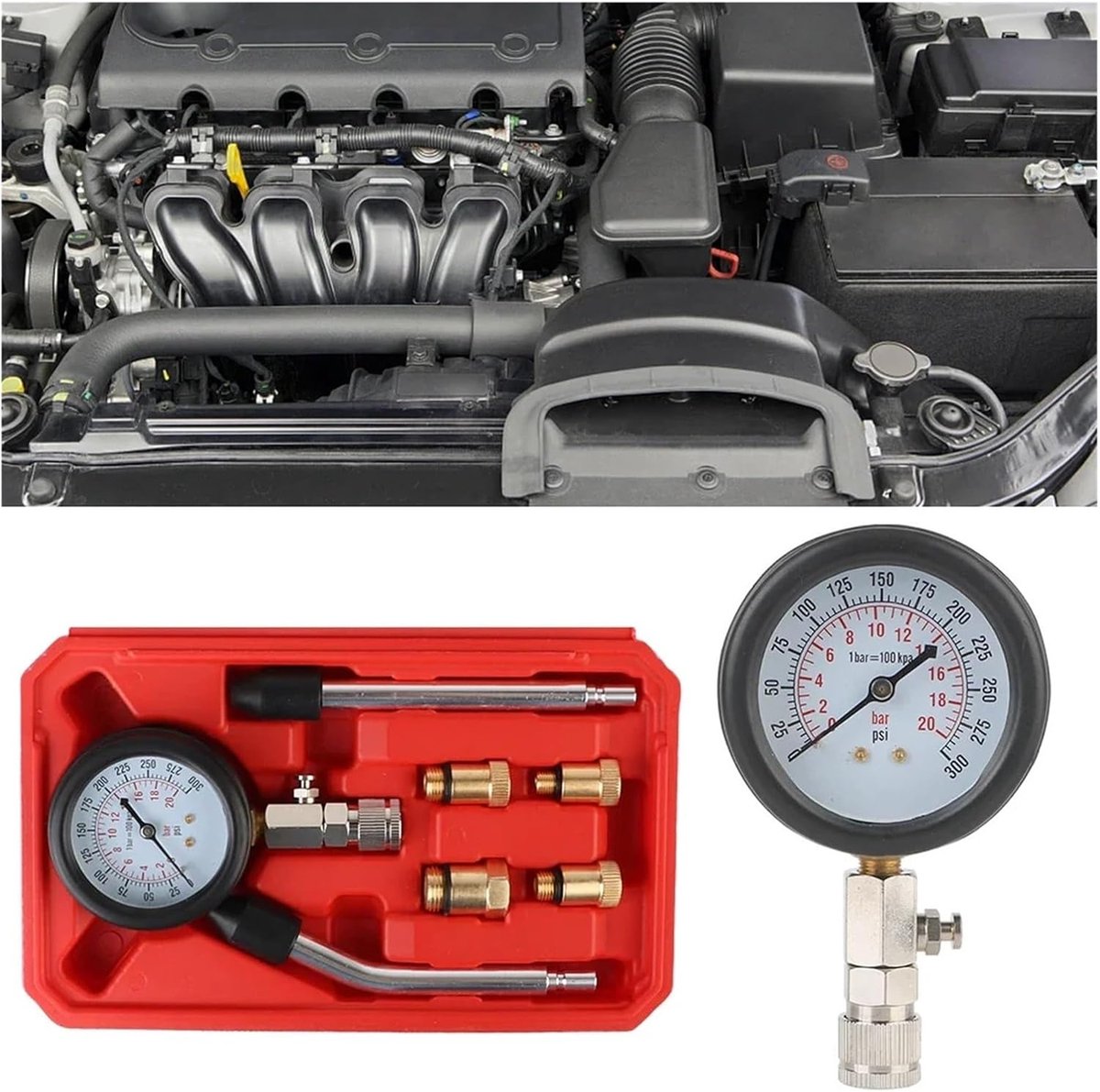 Compressie Tester - Compressiemeter (bereik: 0–300 psi / 0–20 bar) – Cilinder Compressor - Gereedschap voor autoreparatie – Inclusief 4 adapters (M10, M12, M14, M18) – Geschikt voor auto's en motorfietsen – Rood