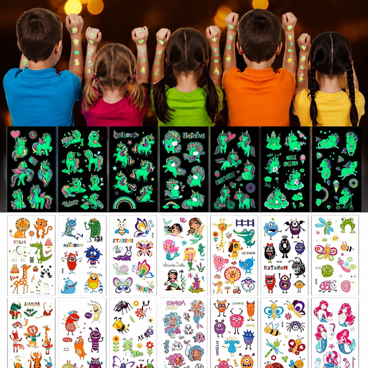 Kaiyaya - 12 vellen glow in the dark kindertattoos - waterproof en huidvriendelijk - veel verschillende ontwerpen - voor kinderfeestjes, verjaardag en carnaval