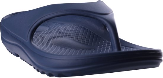 Donkerblauwe OLANLY teenslipper met een ergonomisch ontwerp en een geruit voetbed.