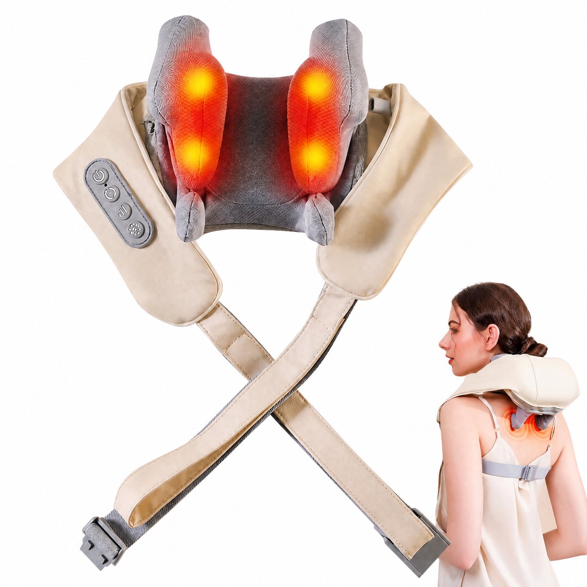 ECTEATOY® Massagekussen - Draadloos Massageapparaten met Warmte - 6 Massagekoppen - voor Nek - Schouder - Rug - Voeten - Voor Thuis & Onderweg - Beige