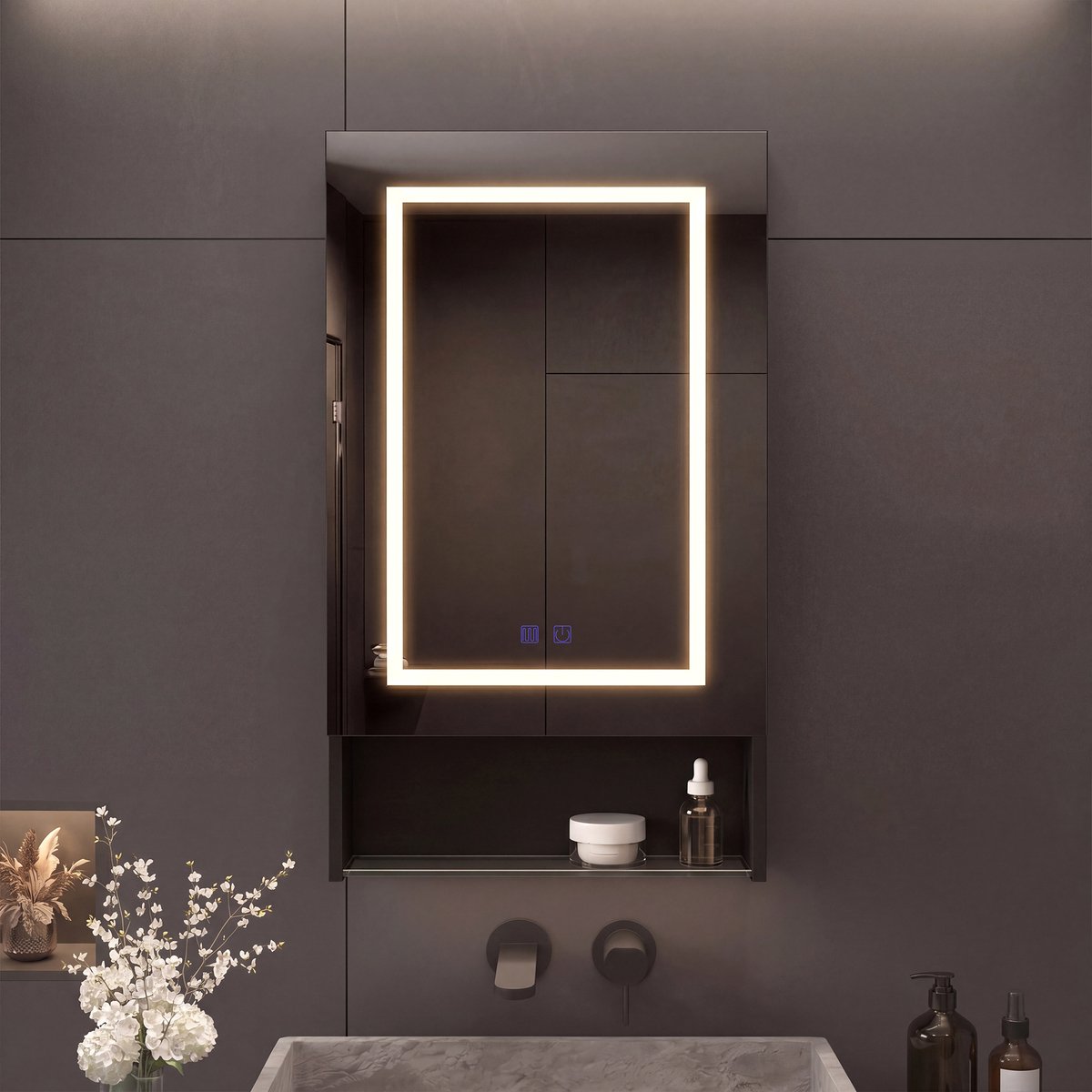 Badkamerspiegelkast 50x16x88 cm, 1-deurs badkamerkast met 3-kleuren LED, verstelbare verlichting, anticondensfunctie, open plank en verstelbare planken, zwart